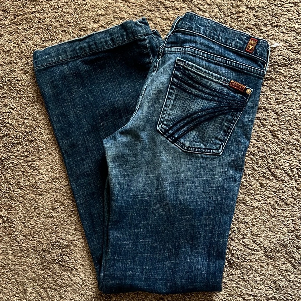 7 For All Mankind Dojo Wide Leg Medium Wash Whiskered Faded Denim Jeans